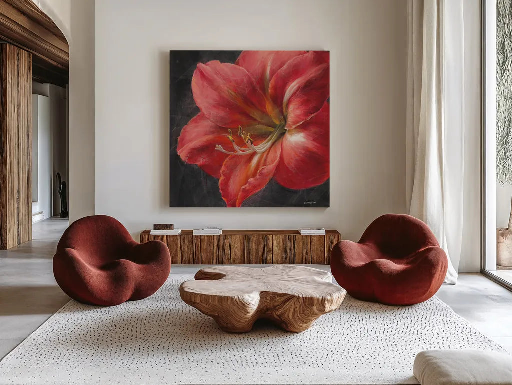 Vivid Floral III Crop by Danhui Nai. Shown as extra-large giant wall art in a modern living room. Available as an archival giclee rolled canvas, fine art paper, or poster print. SKU 27969a.