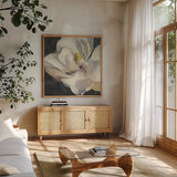 Vivid Floral IV Crop by Danhui Nai. Shown in a natural wood frame in a cozy modern living room. Available as an archival giclee rolled canvas, fine art paper, or poster print. SKU 27970a.