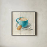 Wake Me Up Coffee I by Danhui Nai. Shown in a sleek black glass frame for a contemporary gallery look. Available as an archival giclee rolled canvas, fine art paper, or poster print. SKU 58847a.