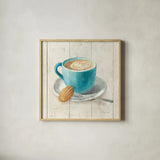 Wake Me Up Coffee I by Danhui Nai. Shown in a natural wood glass frame for a timeless modern aesthetic. Available as an archival giclee rolled canvas, fine art paper, or poster print. SKU 58847a.