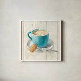 Wake Me Up Coffee I by Danhui Nai. Shown in a crisp white glass frame for a clean and minimalist style. Available as an archival giclee rolled canvas, fine art paper, or poster print. SKU 58847a.
