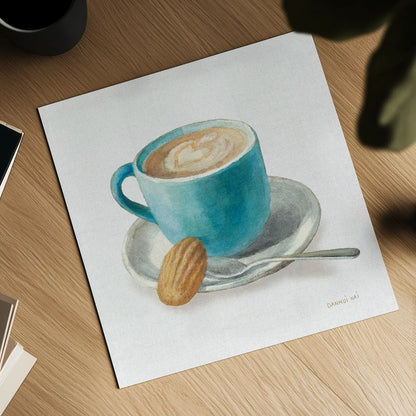 Wake Me Up Coffee I Linen by Danhui Nai. Shown as a detailed flat fine art print, highlighting archival giclee quality. Available as an archival giclee rolled canvas, fine art paper, or poster print. SKU 61323a.