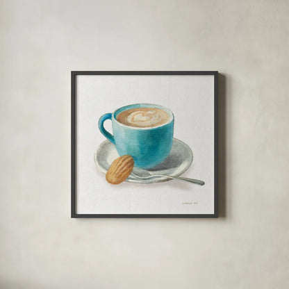 Wake Me Up Coffee I Linen by Danhui Nai. Shown in a sleek black glass frame for a contemporary gallery look. Available as an archival giclee rolled canvas, fine art paper, or poster print. SKU 61323a.