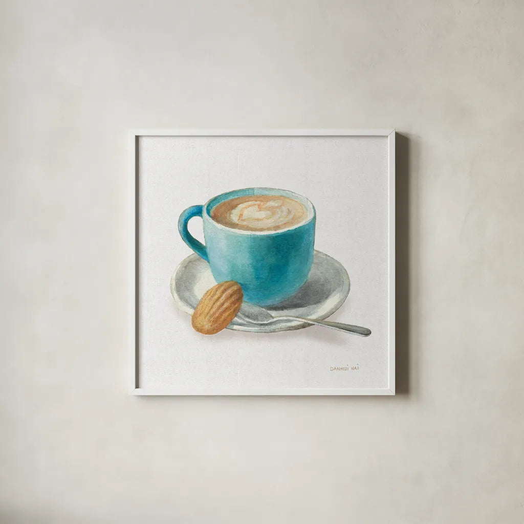 Wake Me Up Coffee I Linen by Danhui Nai. Shown in a crisp white glass frame for a clean and minimalist style. Available as an archival giclee rolled canvas, fine art paper, or poster print. SKU 61323a.
