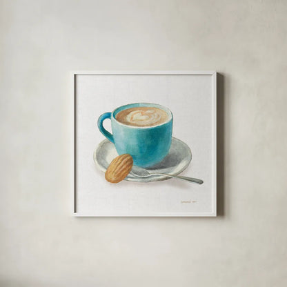 Wake Me Up Coffee I Linen by Danhui Nai. Shown in a crisp white glass frame for a clean and minimalist style. Available as an archival giclee rolled canvas, fine art paper, or poster print. SKU 61323a.