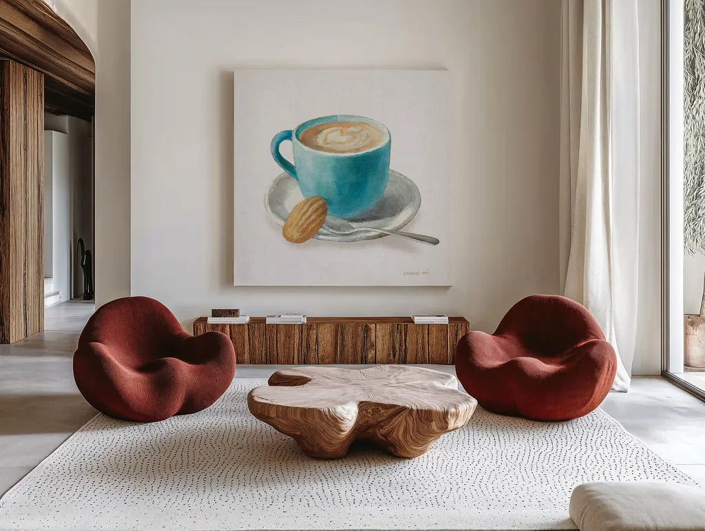 Wake Me Up Coffee I Linen by Danhui Nai. Shown as extra-large giant wall art in a modern living room. Available as an archival giclee rolled canvas, fine art paper, or poster print. SKU 61323a.