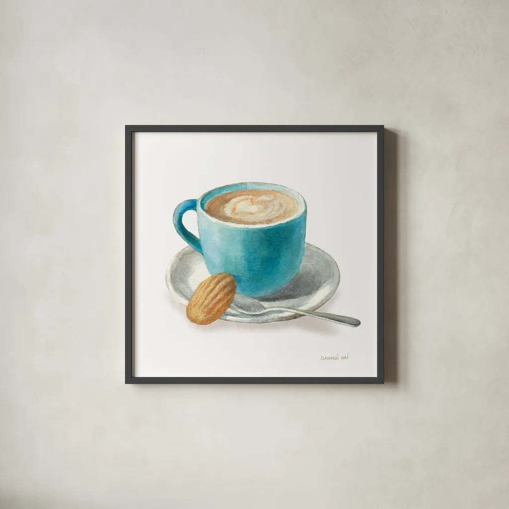 Wake Me Up Coffee I on White by Danhui Nai. Shown in a sleek black glass frame for a contemporary gallery look. Available as an archival giclee rolled canvas, fine art paper, or poster print. SKU 58851a.