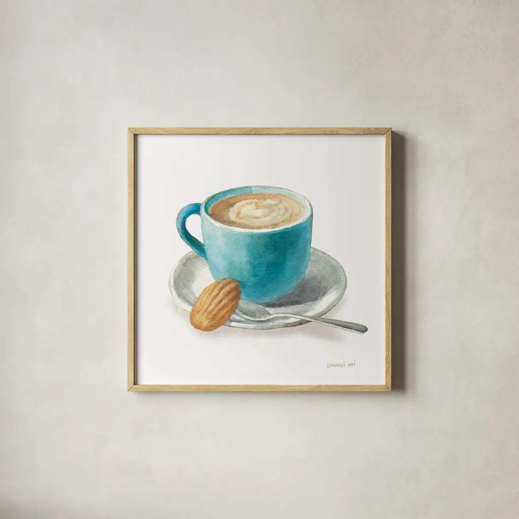 Wake Me Up Coffee I on White by Danhui Nai. Shown in a natural wood glass frame for a timeless modern aesthetic. Available as an archival giclee rolled canvas, fine art paper, or poster print. SKU 58851a.
