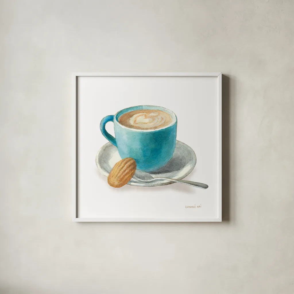 Wake Me Up Coffee I on White by Danhui Nai. Shown in a crisp white glass frame for a clean and minimalist style. Available as an archival giclee rolled canvas, fine art paper, or poster print. SKU 58851a.