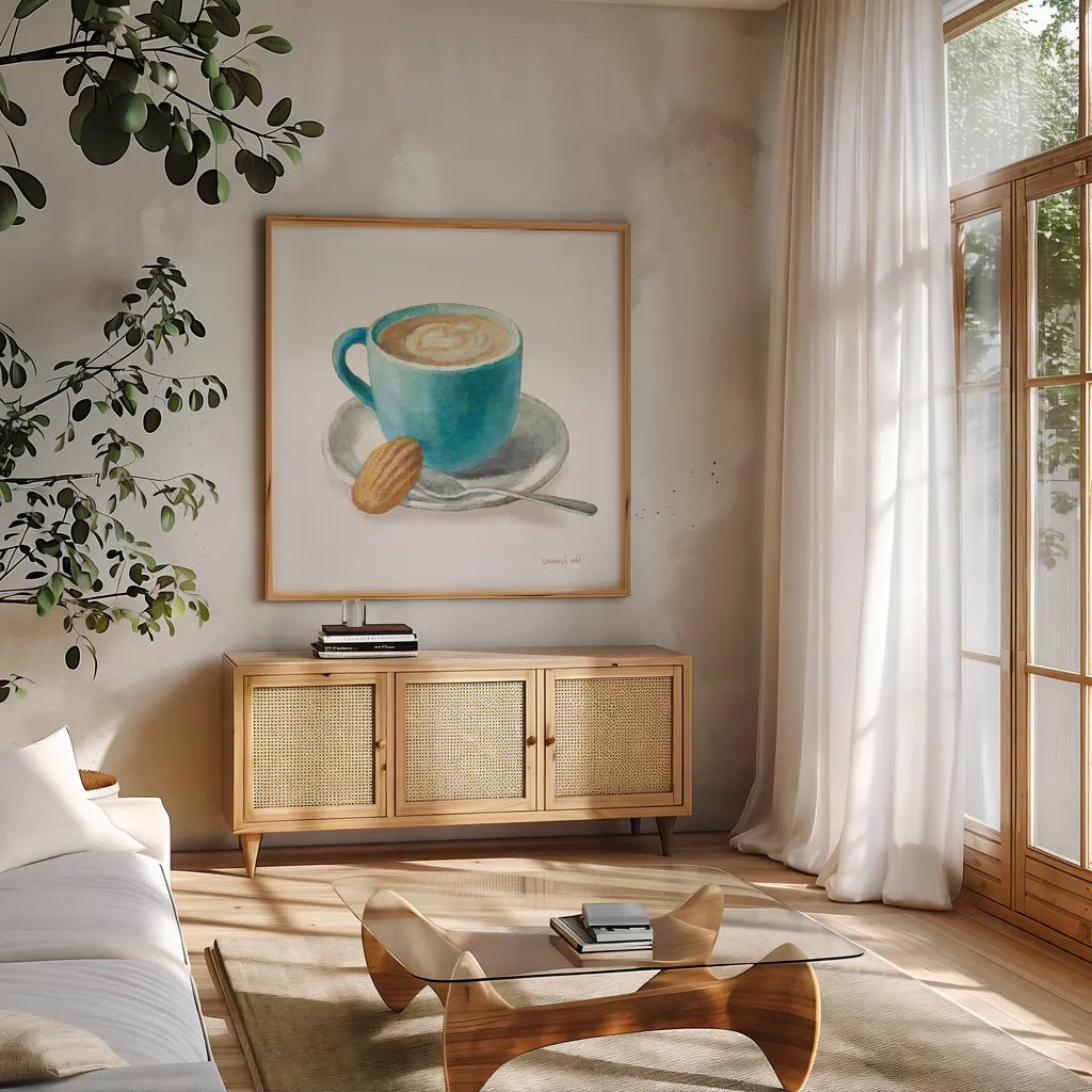 Wake Me Up Coffee I on White by Danhui Nai. Shown in a natural wood frame in a cozy modern living room. Available as an archival giclee rolled canvas, fine art paper, or poster print. SKU 58851a.