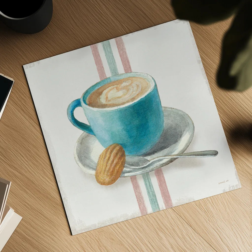 Wake Me Up Coffee I with Stripes by Danhui Nai. Shown as a detailed flat fine art print, highlighting archival giclee quality. Available as an archival giclee rolled canvas, fine art paper, or poster print. SKU 58855a.