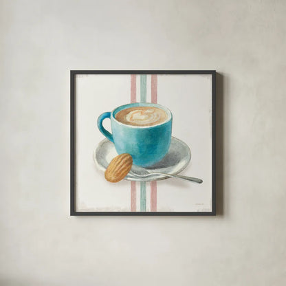 Wake Me Up Coffee I with Stripes by Danhui Nai. Shown in a sleek black glass frame for a contemporary gallery look. Available as an archival giclee rolled canvas, fine art paper, or poster print. SKU 58855a.