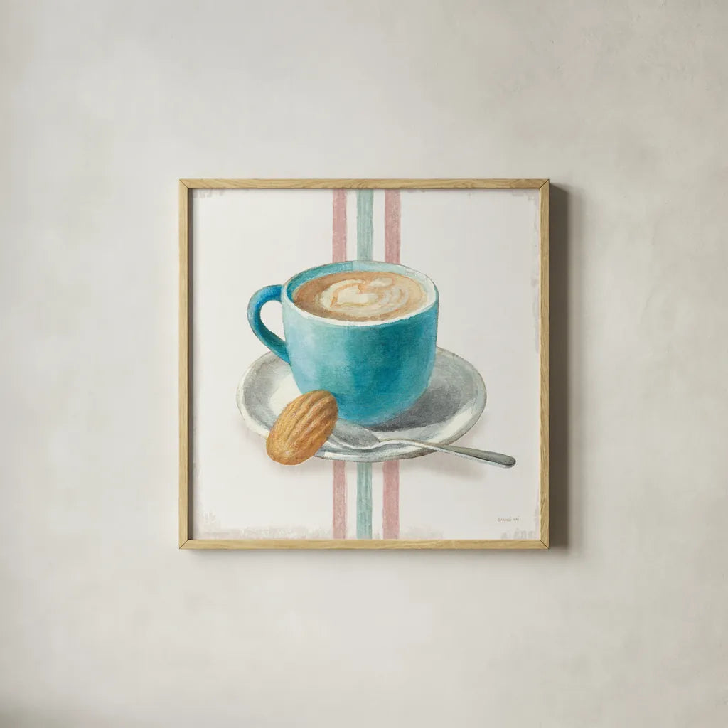 Wake Me Up Coffee I with Stripes by Danhui Nai. Shown in a natural wood glass frame for a timeless modern aesthetic. Available as an archival giclee rolled canvas, fine art paper, or poster print. SKU 58855a.