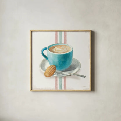 Wake Me Up Coffee I with Stripes by Danhui Nai. Shown in a natural wood glass frame for a timeless modern aesthetic. Available as an archival giclee rolled canvas, fine art paper, or poster print. SKU 58855a.