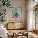 Wake Me Up Coffee I with Stripes by Danhui Nai. Shown in a natural wood frame in a cozy modern living room. Available as an archival giclee rolled canvas, fine art paper, or poster print. SKU 58855a.