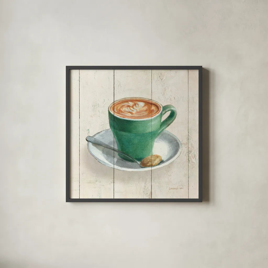 Wake Me Up Coffee II by Danhui Nai. Shown in a sleek black glass frame for a contemporary gallery look. Available as an archival giclee rolled canvas, fine art paper, or poster print. SKU 58848a.