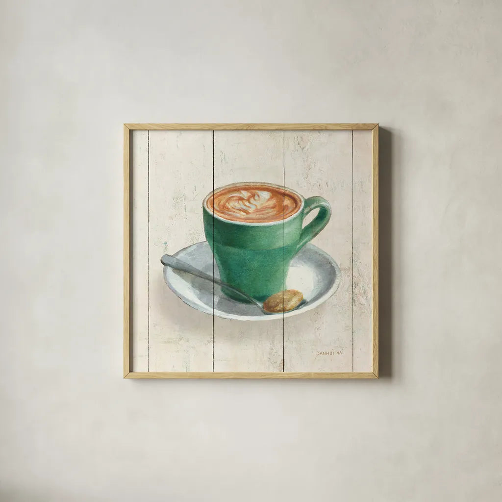 Wake Me Up Coffee II by Danhui Nai. Shown in a natural wood glass frame for a timeless modern aesthetic. Available as an archival giclee rolled canvas, fine art paper, or poster print. SKU 58848a.