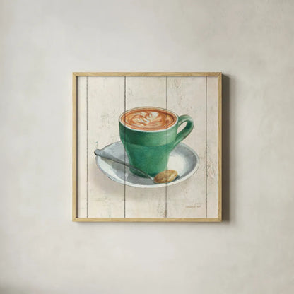 Wake Me Up Coffee II by Danhui Nai. Shown in a natural wood glass frame for a timeless modern aesthetic. Available as an archival giclee rolled canvas, fine art paper, or poster print. SKU 58848a.
