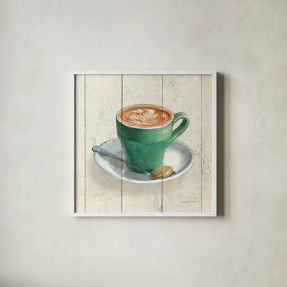 Wake Me Up Coffee II by Danhui Nai. Shown in a crisp white glass frame for a clean and minimalist style. Available as an archival giclee rolled canvas, fine art paper, or poster print. SKU 58848a.