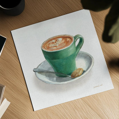 Wake Me Up Coffee II Linen by Danhui Nai. Shown as a detailed flat fine art print, highlighting archival giclee quality. Available as an archival giclee rolled canvas, fine art paper, or poster print. SKU 61324a.
