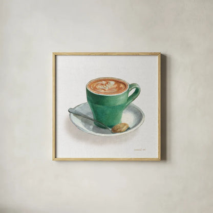 Wake Me Up Coffee II Linen by Danhui Nai. Shown in a natural wood glass frame for a timeless modern aesthetic. Available as an archival giclee rolled canvas, fine art paper, or poster print. SKU 61324a.