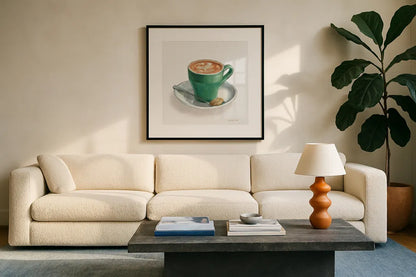 Wake Me Up Coffee II Linen by Danhui Nai. Displayed in a glass frame with matte in a clean modern living room. Available as an archival giclee rolled canvas, fine art paper, or poster print. SKU 61324a.