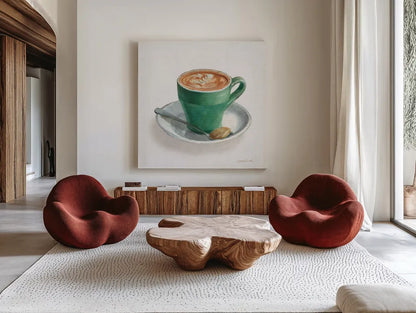 Wake Me Up Coffee II Linen by Danhui Nai. Shown as extra-large giant wall art in a modern living room. Available as an archival giclee rolled canvas, fine art paper, or poster print. SKU 61324a.