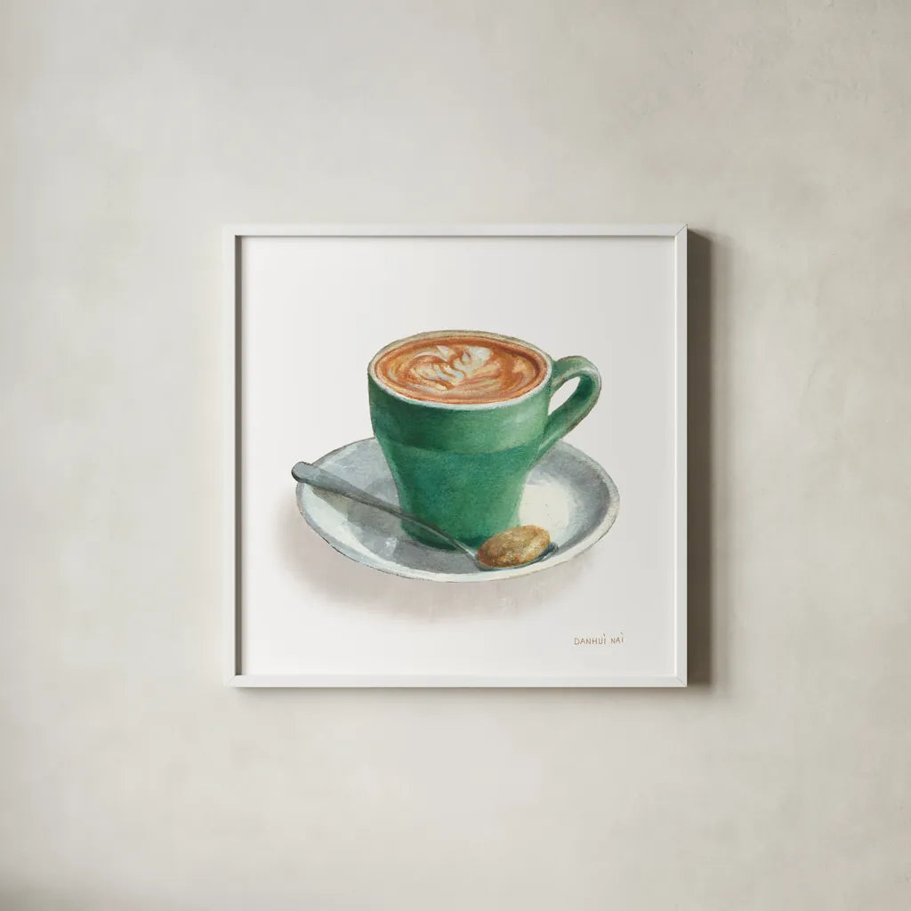 Wake Me Up Coffee II on White by Danhui Nai. Shown in a crisp white glass frame for a clean and minimalist style. Available as an archival giclee rolled canvas, fine art paper, or poster print. SKU 58852a.