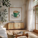 Wake Me Up Coffee II on White by Danhui Nai. Shown in a natural wood frame in a cozy modern living room. Available as an archival giclee rolled canvas, fine art paper, or poster print. SKU 58852a.
