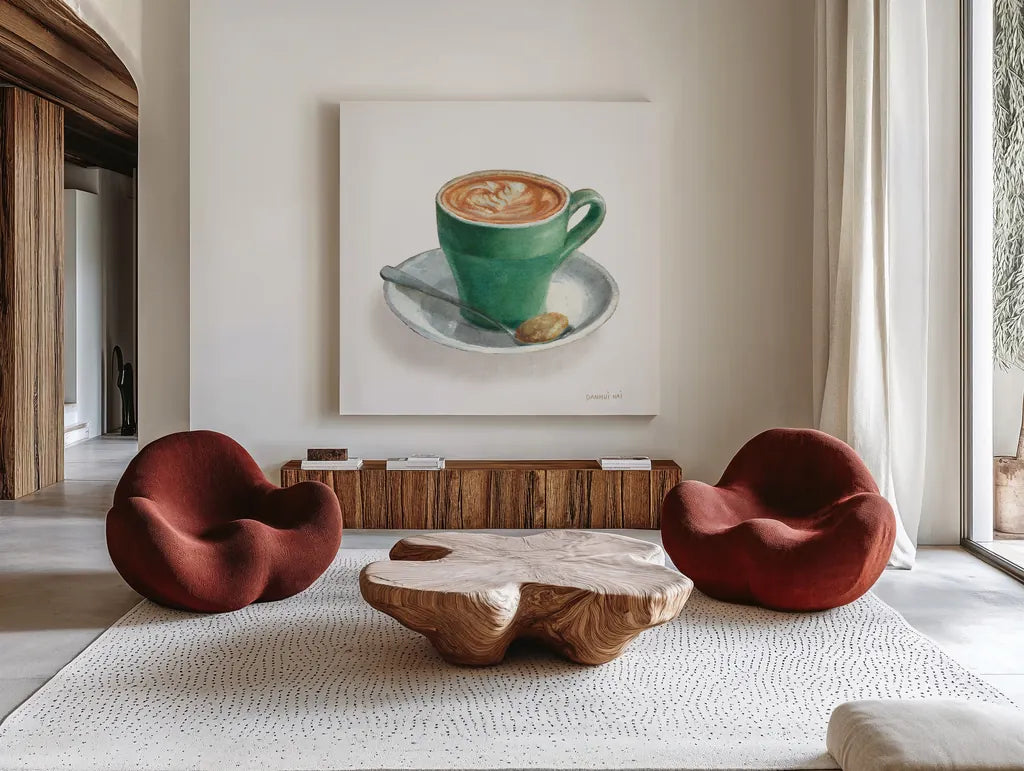 Wake Me Up Coffee II on White by Danhui Nai. Shown as extra-large giant wall art in a modern living room. Available as an archival giclee rolled canvas, fine art paper, or poster print. SKU 58852a.
