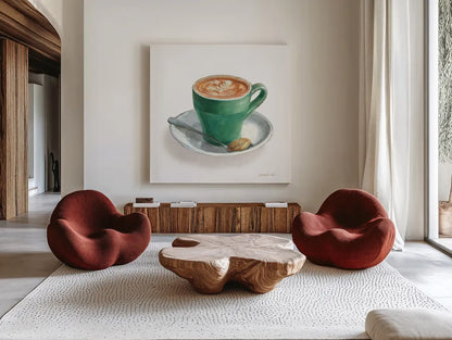 Wake Me Up Coffee II on White by Danhui Nai. Shown as extra-large giant wall art in a modern living room. Available as an archival giclee rolled canvas, fine art paper, or poster print. SKU 58852a.
