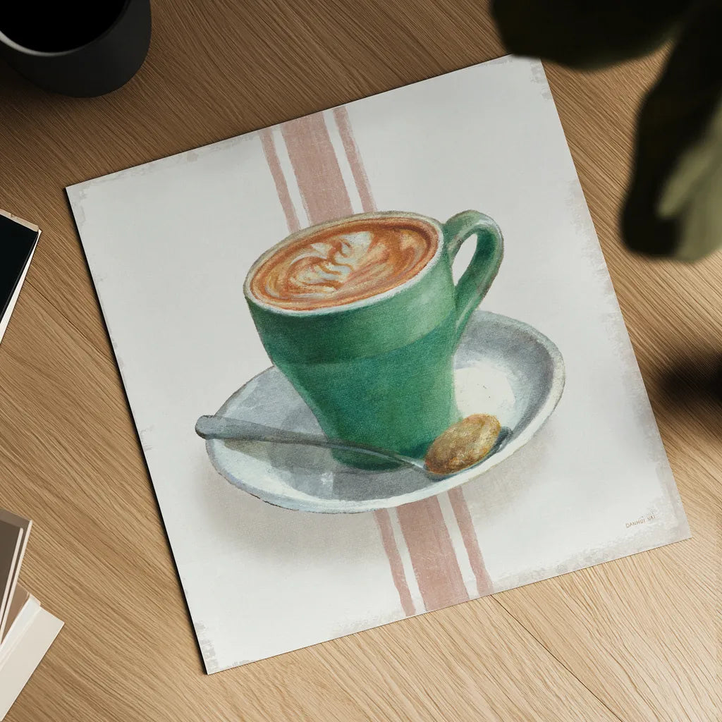 Wake Me Up Coffee II with Stripes by Danhui Nai. Shown as a detailed flat fine art print, highlighting archival giclee quality. Available as an archival giclee rolled canvas, fine art paper, or poster print. SKU 58856a.