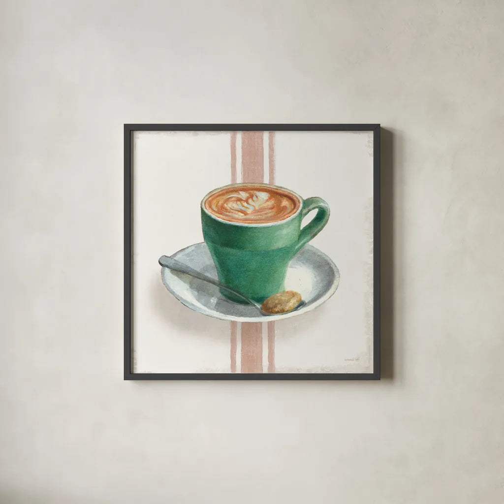 Wake Me Up Coffee II with Stripes by Danhui Nai. Shown in a sleek black glass frame for a contemporary gallery look. Available as an archival giclee rolled canvas, fine art paper, or poster print. SKU 58856a.