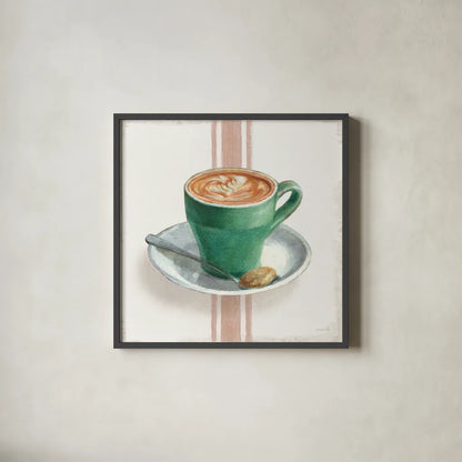 Wake Me Up Coffee II with Stripes by Danhui Nai. Shown in a sleek black glass frame for a contemporary gallery look. Available as an archival giclee rolled canvas, fine art paper, or poster print. SKU 58856a.
