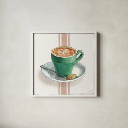 Wake Me Up Coffee II with Stripes by Danhui Nai. Shown in a crisp white glass frame for a clean and minimalist style. Available as an archival giclee rolled canvas, fine art paper, or poster print. SKU 58856a.