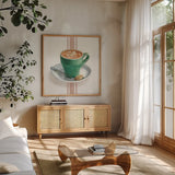 Wake Me Up Coffee II with Stripes by Danhui Nai. Shown in a natural wood frame in a cozy modern living room. Available as an archival giclee rolled canvas, fine art paper, or poster print. SKU 58856a.