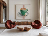 Wake Me Up Coffee II with Stripes by Danhui Nai. Shown as extra-large giant wall art in a modern living room. Available as an archival giclee rolled canvas, fine art paper, or poster print. SKU 58856a.