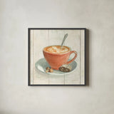 Wake Me Up Coffee III by Danhui Nai. Shown in a sleek black glass frame for a contemporary gallery look. Available as an archival giclee rolled canvas, fine art paper, or poster print. SKU 58849a.