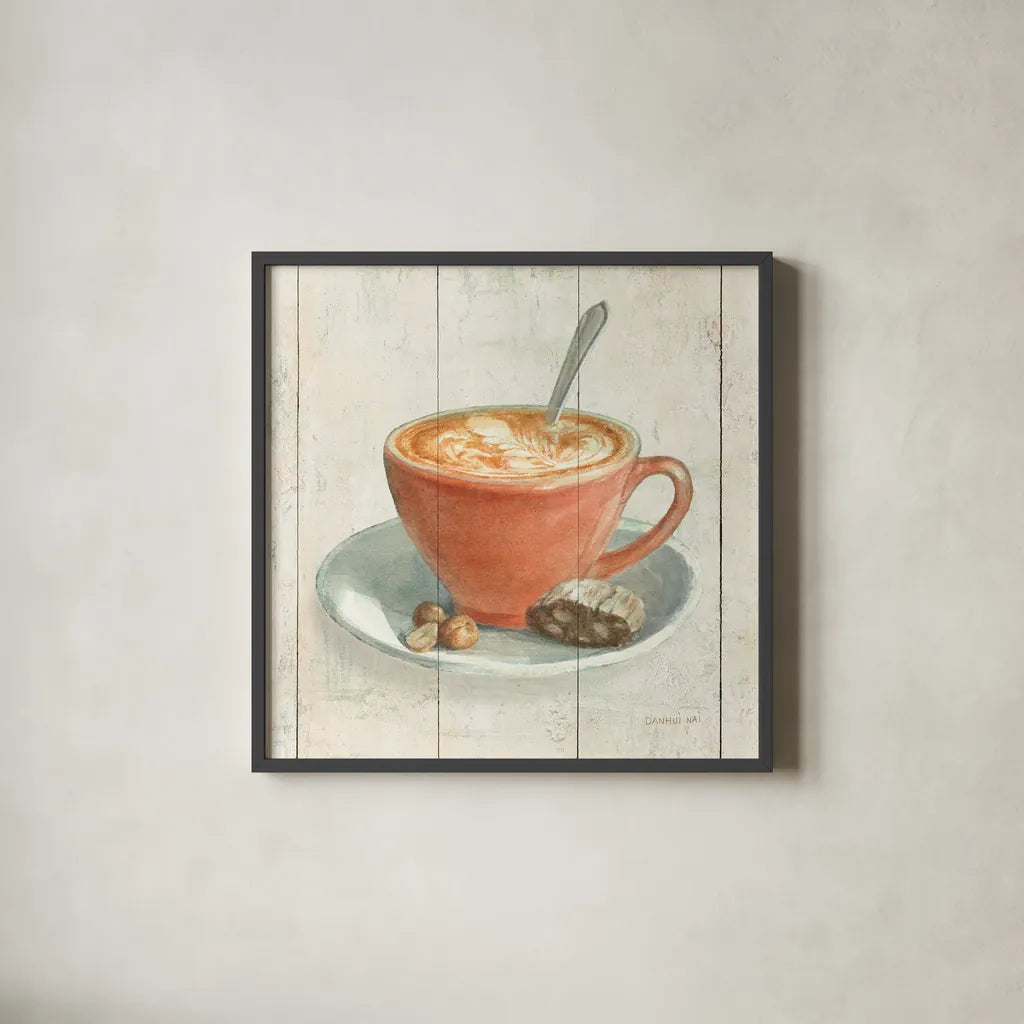 Wake Me Up Coffee III by Danhui Nai. Shown in a sleek black glass frame for a contemporary gallery look. Available as an archival giclee rolled canvas, fine art paper, or poster print. SKU 58849a.