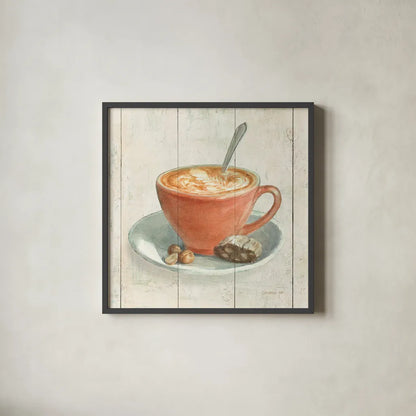 Wake Me Up Coffee III by Danhui Nai. Shown in a sleek black glass frame for a contemporary gallery look. Available as an archival giclee rolled canvas, fine art paper, or poster print. SKU 58849a.
