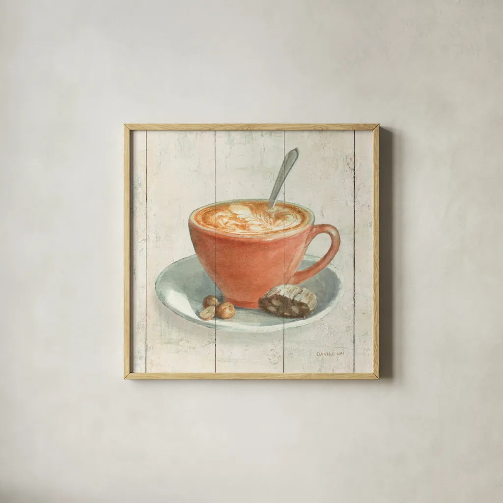 Wake Me Up Coffee III by Danhui Nai. Shown in a natural wood glass frame for a timeless modern aesthetic. Available as an archival giclee rolled canvas, fine art paper, or poster print. SKU 58849a.