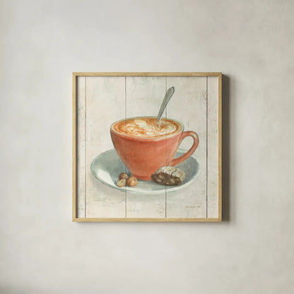 Wake Me Up Coffee III by Danhui Nai. Shown in a natural wood glass frame for a timeless modern aesthetic. Available as an archival giclee rolled canvas, fine art paper, or poster print. SKU 58849a.