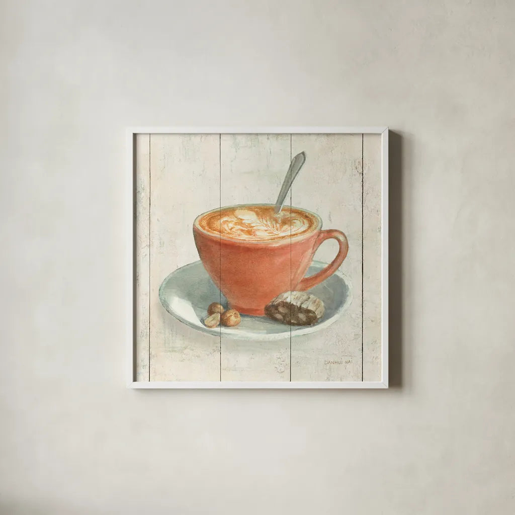 Wake Me Up Coffee III by Danhui Nai. Shown in a crisp white glass frame for a clean and minimalist style. Available as an archival giclee rolled canvas, fine art paper, or poster print. SKU 58849a.