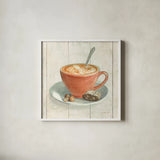 Wake Me Up Coffee III by Danhui Nai. Shown in a crisp white glass frame for a clean and minimalist style. Available as an archival giclee rolled canvas, fine art paper, or poster print. SKU 58849a.