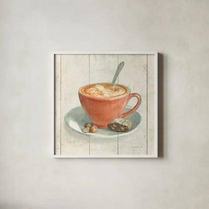 Wake Me Up Coffee III by Danhui Nai. Shown in a crisp white glass frame for a clean and minimalist style. Available as an archival giclee rolled canvas, fine art paper, or poster print. SKU 58849a.