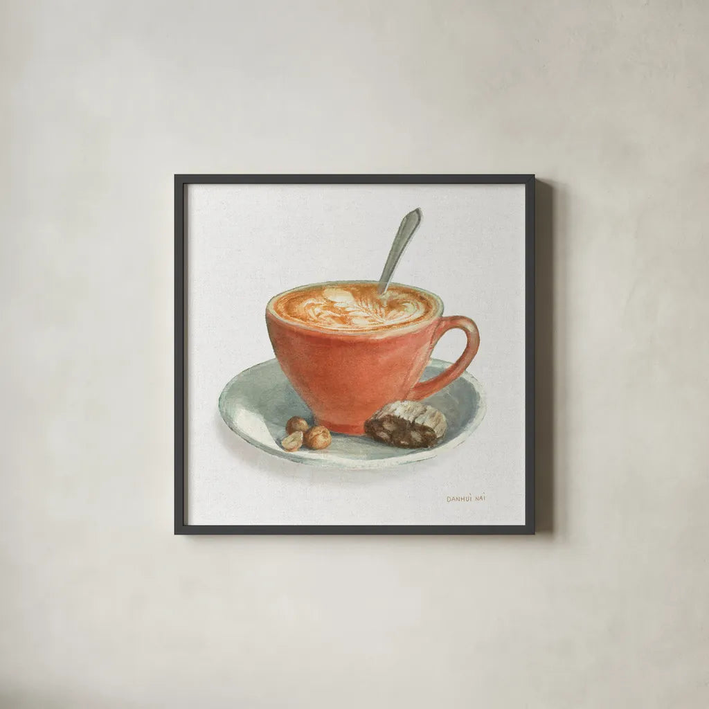 Wake Me Up Coffee III Linen by Danhui Nai. Shown in a sleek black glass frame for a contemporary gallery look. Available as an archival giclee rolled canvas, fine art paper, or poster print. SKU 61325a.
