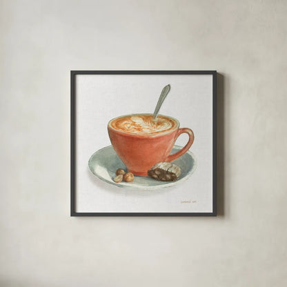 Wake Me Up Coffee III Linen by Danhui Nai. Shown in a sleek black glass frame for a contemporary gallery look. Available as an archival giclee rolled canvas, fine art paper, or poster print. SKU 61325a.