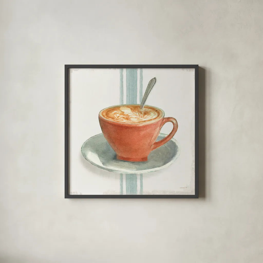 Wake Me Up Coffee III With Stripes No Cookie by Danhui Nai. Shown in a sleek black glass frame for a contemporary gallery look. Available as an archival giclee rolled canvas, fine art paper, or poster print. SKU 61304a.