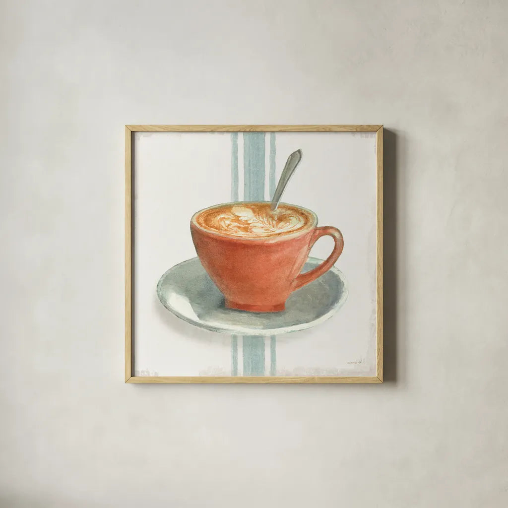 Wake Me Up Coffee III With Stripes No Cookie by Danhui Nai. Shown in a natural wood glass frame for a timeless modern aesthetic. Available as an archival giclee rolled canvas, fine art paper, or poster print. SKU 61304a.