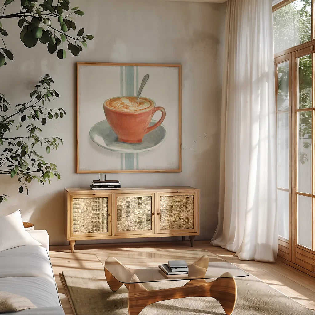 Wake Me Up Coffee III With Stripes No Cookie by Danhui Nai. Shown in a natural wood frame in a cozy modern living room. Available as an archival giclee rolled canvas, fine art paper, or poster print. SKU 61304a.